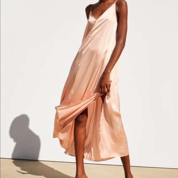 Zara Satin Dress Peach Midi Maxi Slit 